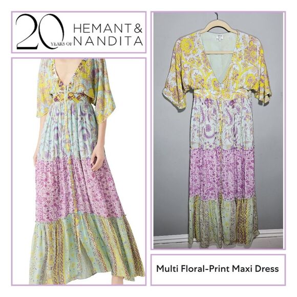 HEMANT & NANDITA SIZE XS / S Multi Floral Printed Maxi Bohemian Fairycore - Picture 1 of 9
